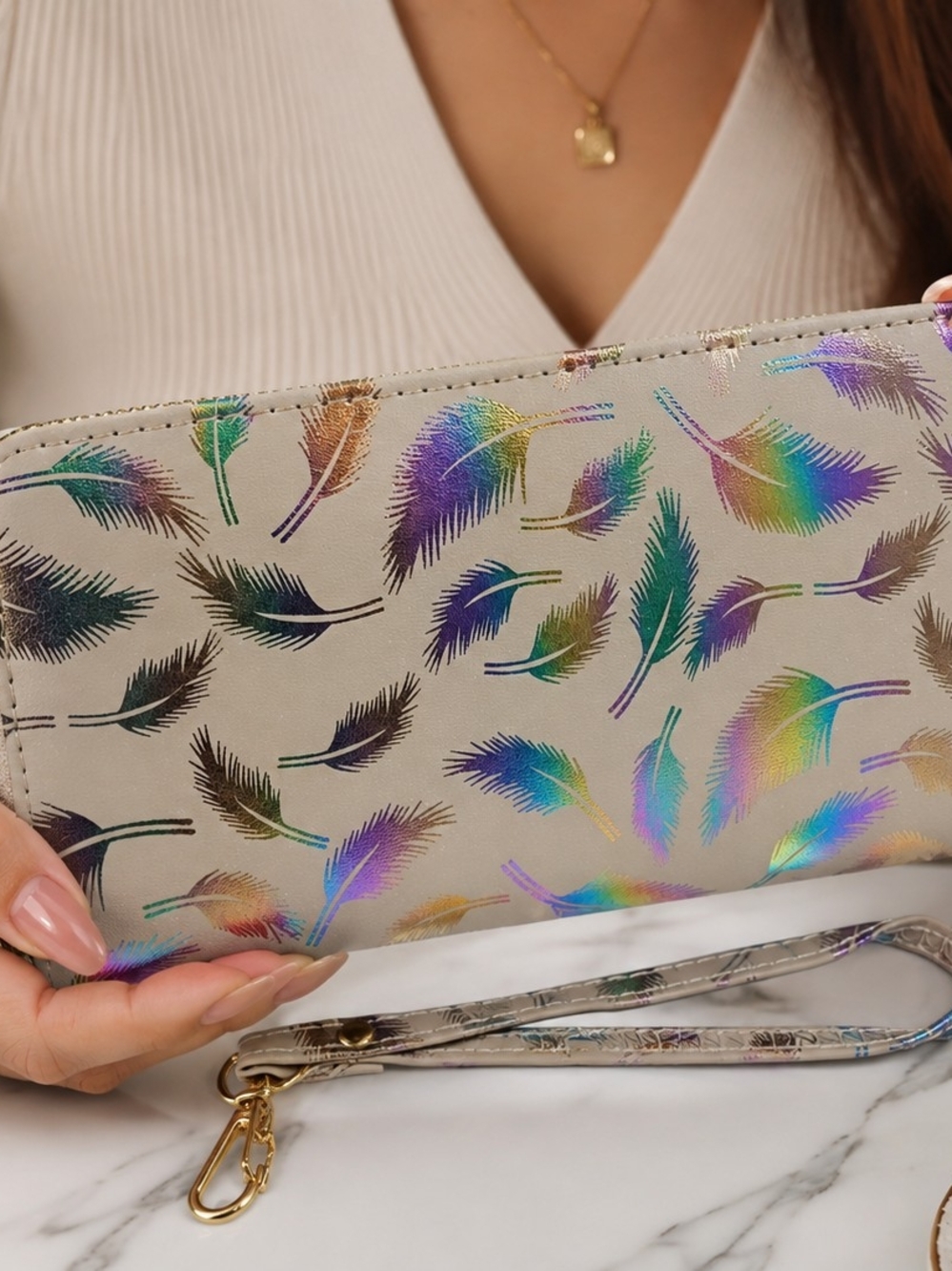 Iridescent Feather Wristlet Clutch - Neutral